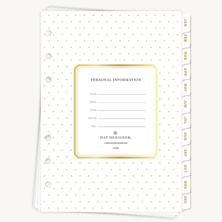 Polka dot planner cover with personal information section on a white background