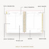 Day Designer 2026-27 daily planner: Peony Bookcloth opened with captions of contents