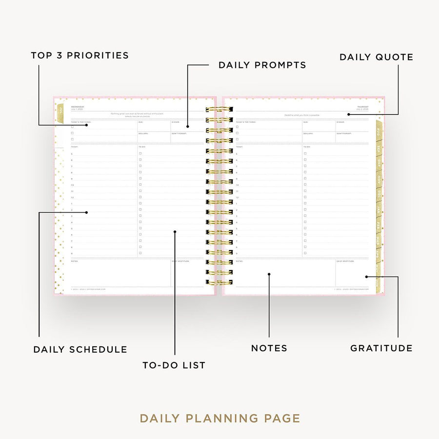 Day Designer 2026-27 daily planner: Peony Bookcloth opened with captions of contents