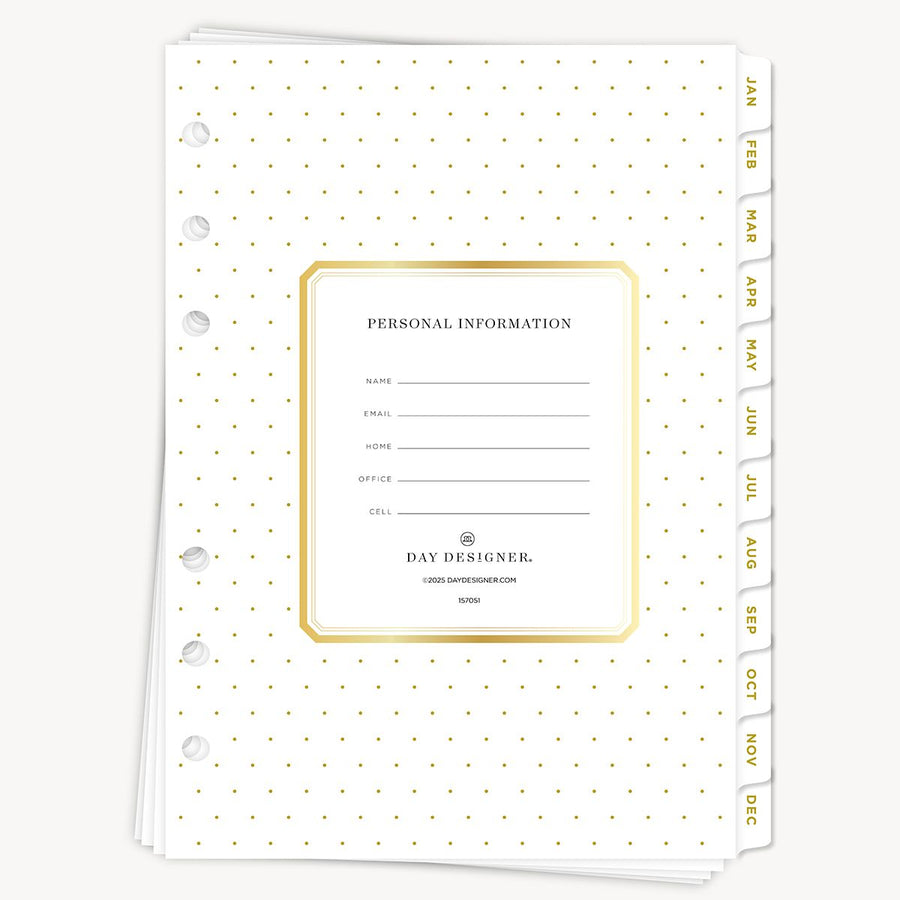 Clear page with gold polka dots and personal information form on a white background