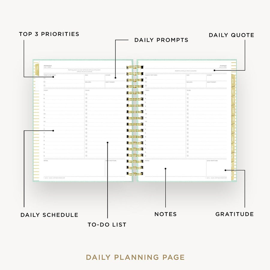 Day Designer 2026-27 daily planner: Sage Bookcloth opened with captions of contents