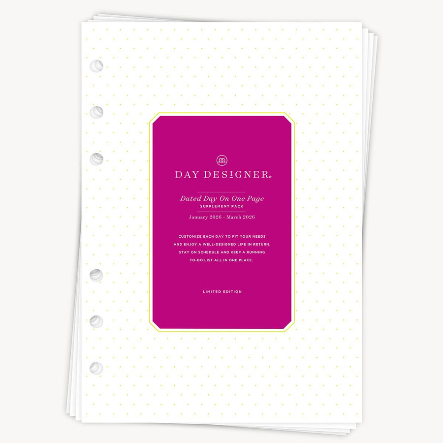 Day Designer planner insert with pink cover on a white background