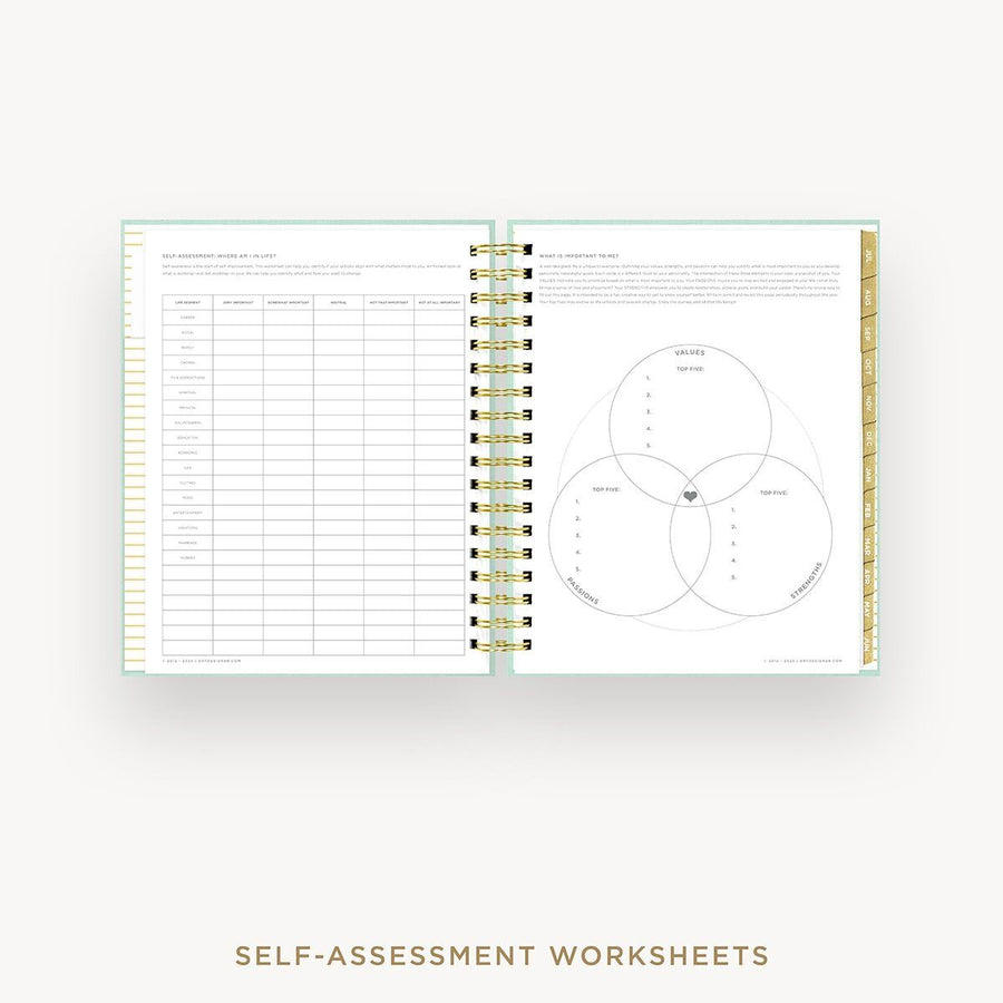 Day Designer 2026-27 daily planner: Sage Bookcloth cover with self assessment worksheet