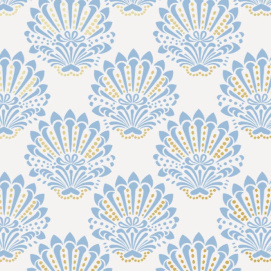 Pattern of blue and gold shells on a white background