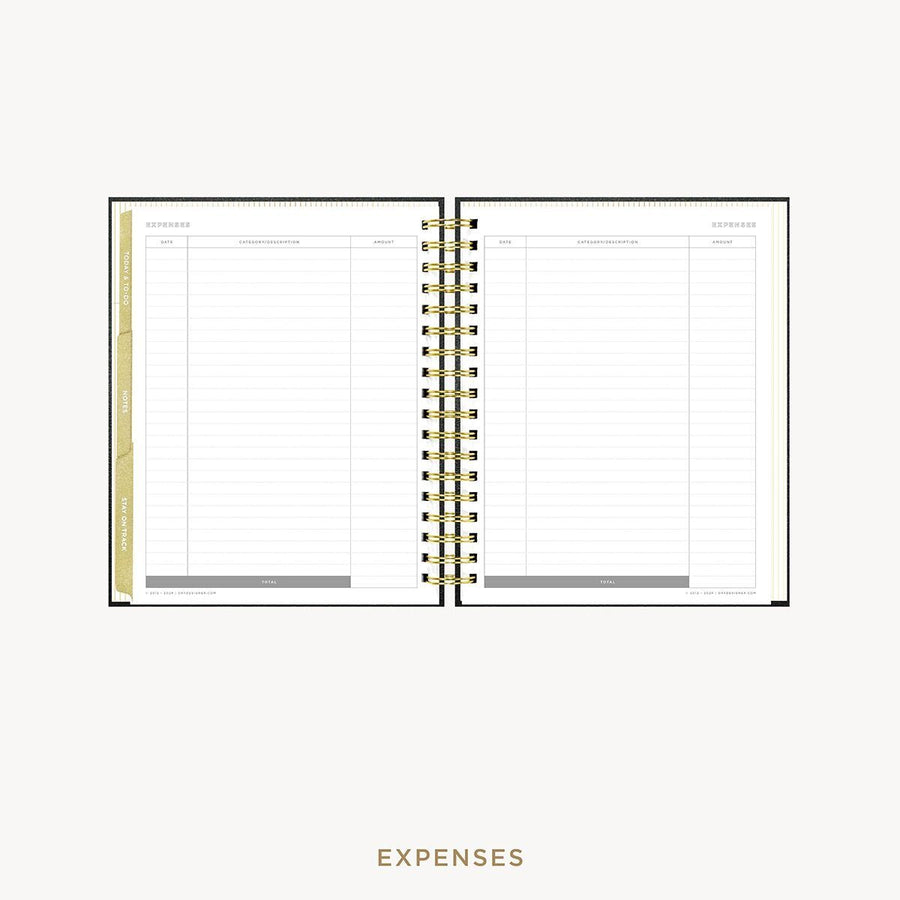 Day Designer 2026-27 weekly planner: Classic Black Pebble Texture cover with expense tracking pages