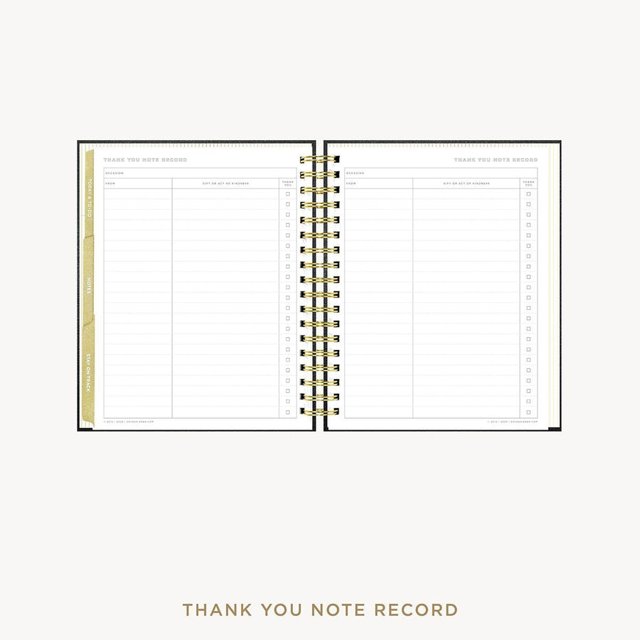 Day Designer 2026-27 weekly planner: Classic Black Pebble Texture cover with thank you notes pages