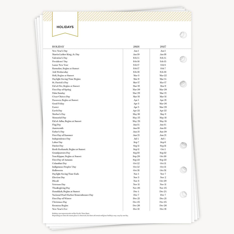 Holidays list with dates printed on a white background