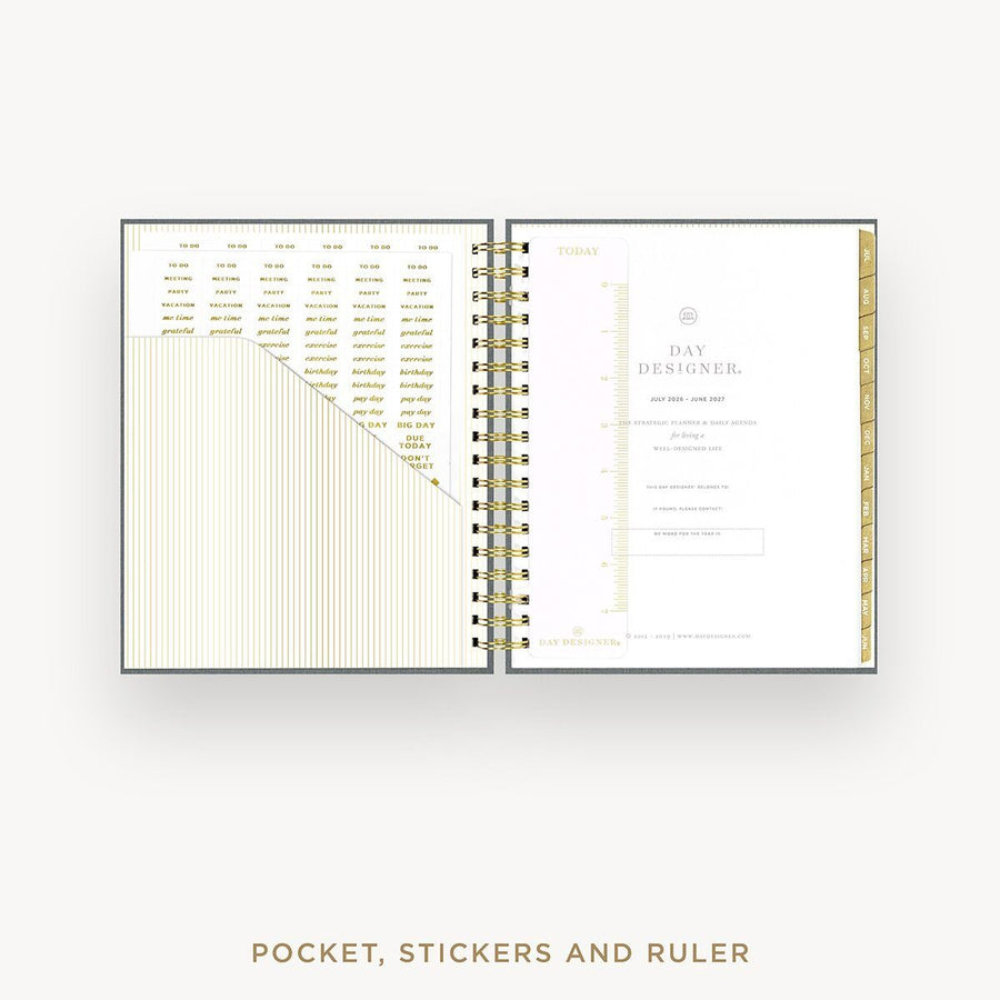 Day Designer 2026-27 daily planner: Charcoal Bookcloth cover with pocket and gold stickers