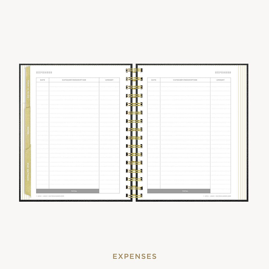 Day Designer 2026-27 mini weekly planner: Classic Black Pebble Texture cover with expense tracking pages
