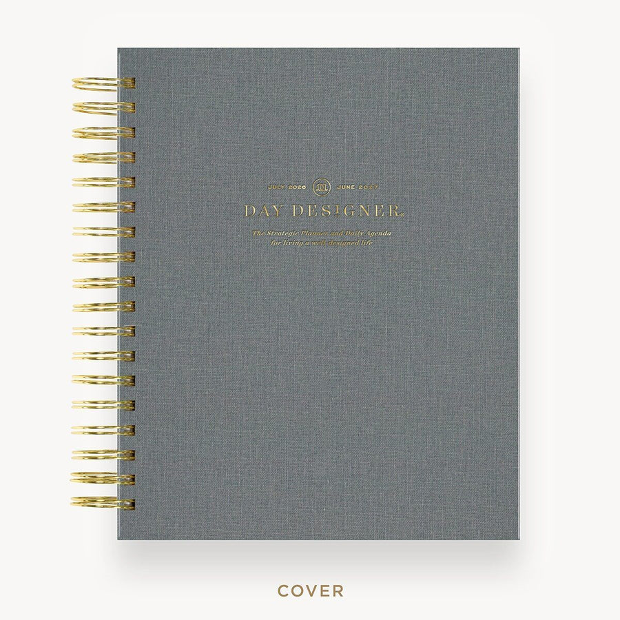 Day Designer 2026-27 daily planner: Charcoal Bookcloth hard cover, gold wire binding
