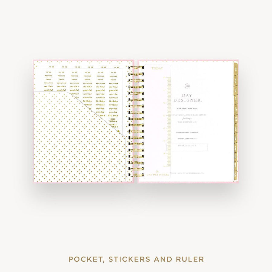 Day Designer 2026-27 daily planner: Peony Bookcloth cover with pocket and gold stickers