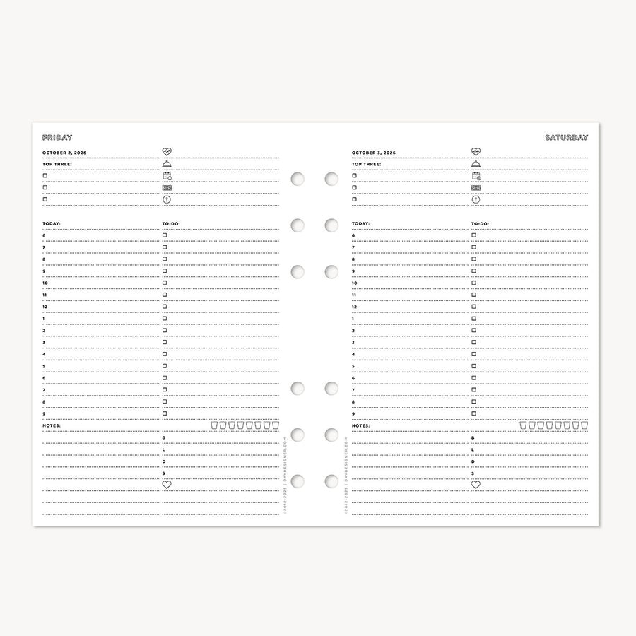 Weekly planner sheet with days of the week and time slots.
