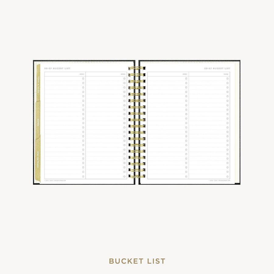 Day Designer 2026-27 weekly planner: Classic Black Pebble Texture cover with bucket list