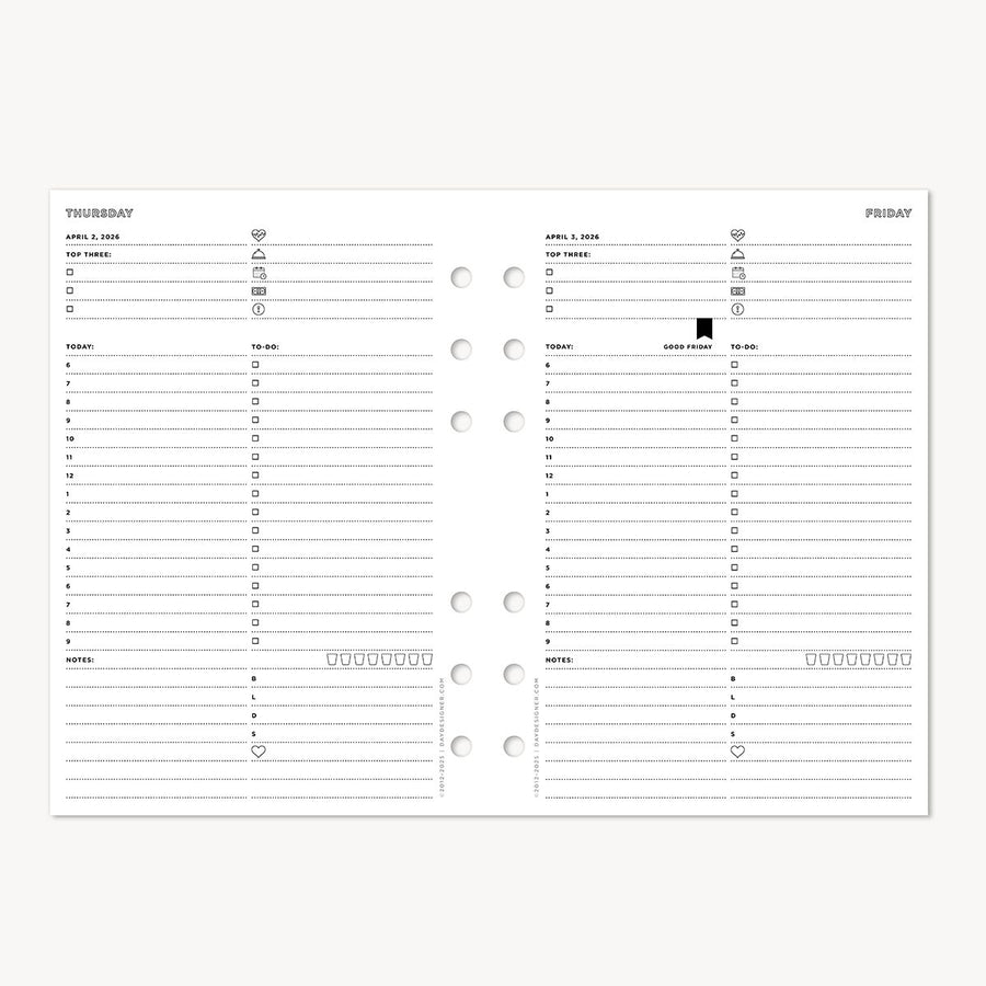 Weekly planner sheet with time slots and checkboxes on a white background